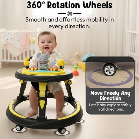StarAndDaisy Baby Walkers for 9+, 6-24 Month Baby boy & Girl 360° Walker for Kids for 6-24 Months with 7 Level Height Adjustment, Baby Walker with Switchable Food & Musical Toy Tray -Yellow Black