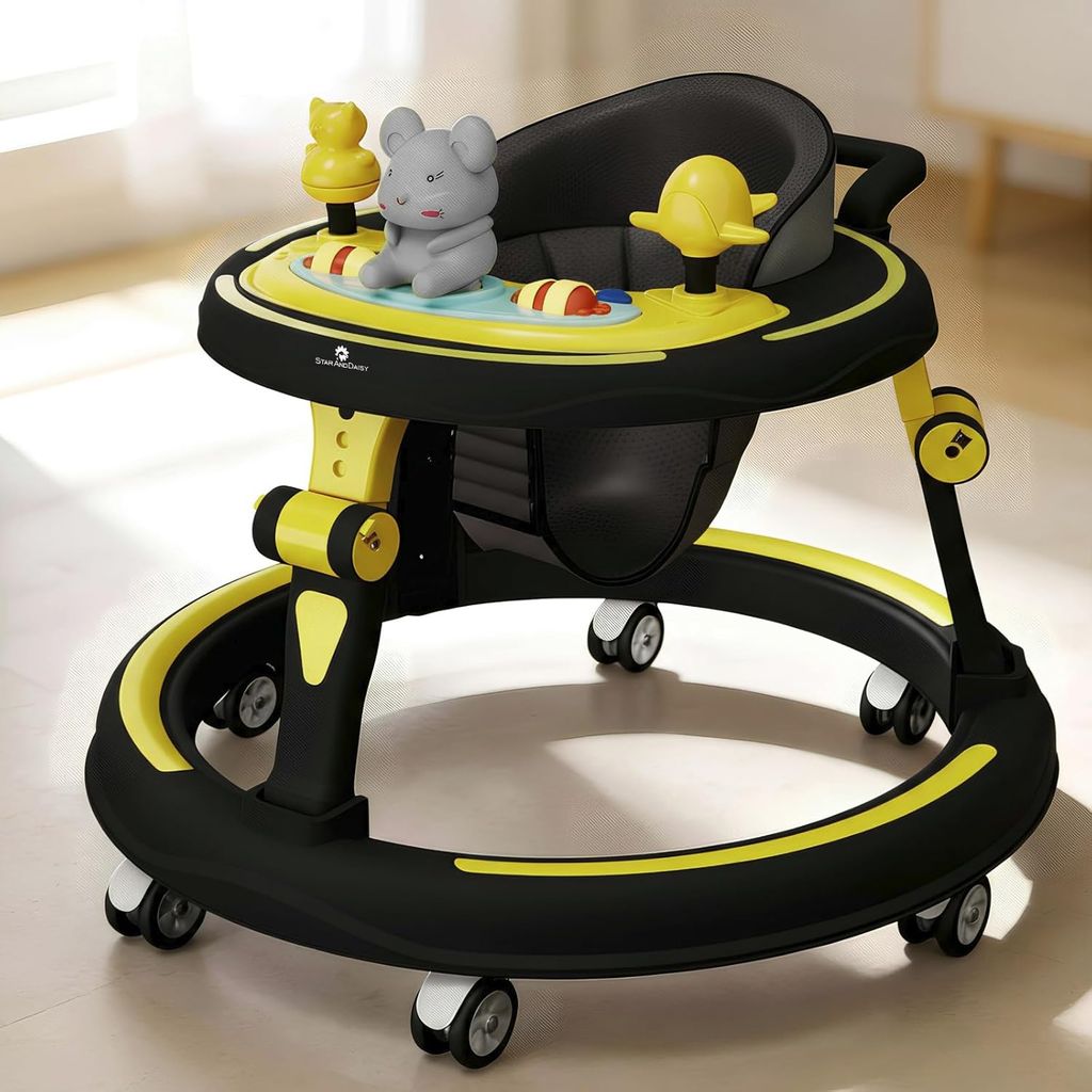 StarAndDaisy Baby Walkers for 9+, 6-24 Month Baby boy & Girl 360° Walker for Kids for 6-24 Months with 7 Level Height Adjustment, Baby Walker with Switchable Food & Musical Toy Tray -Yellow Black