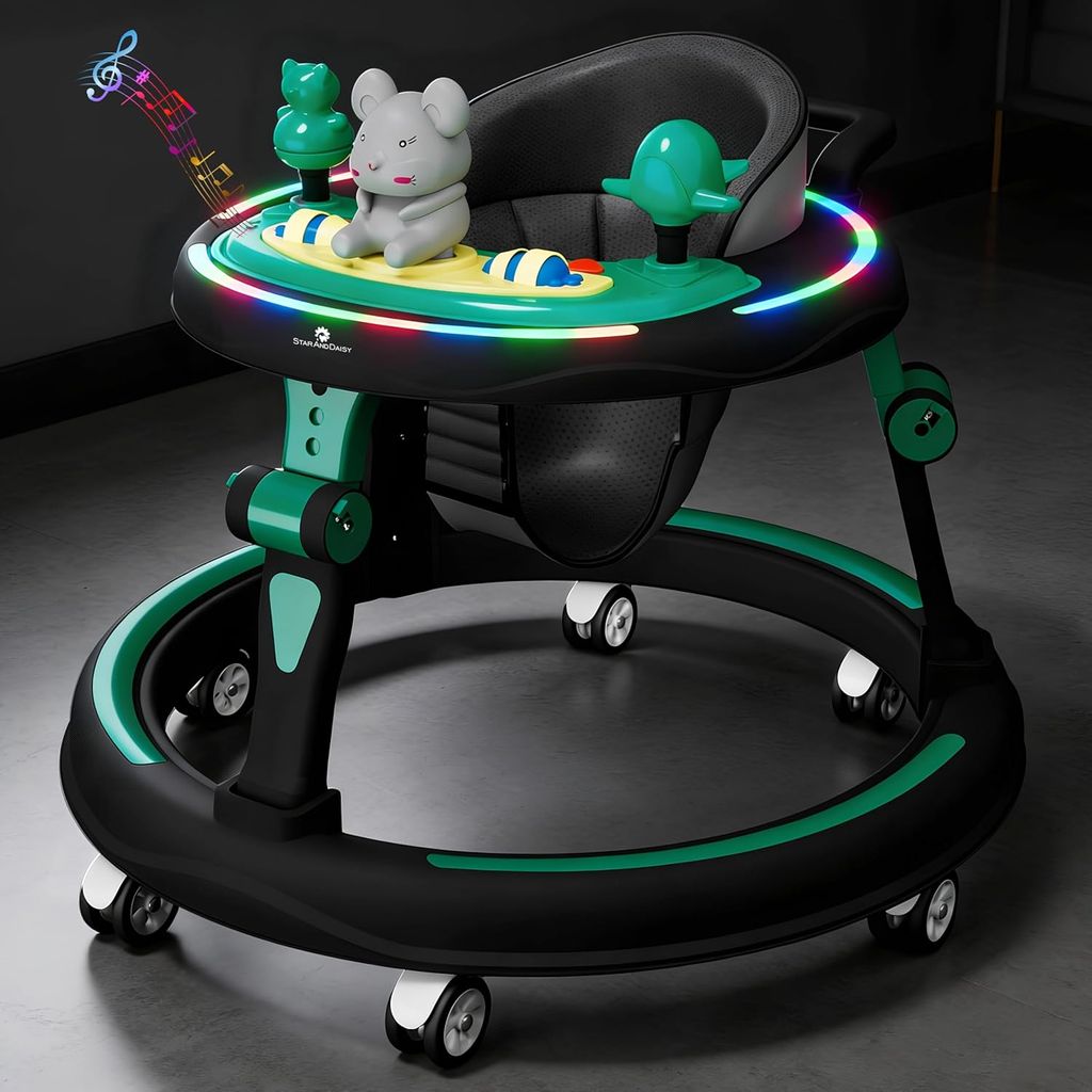StarAndDaisy Baby Walkers for 6-24 Month Baby boy 360° Walker for Kids for 6-24 Months with RGB Light, 7 Level Height Adjustment, Baby Walker with Switchable Food & Musical Toy Tray -Green Black
