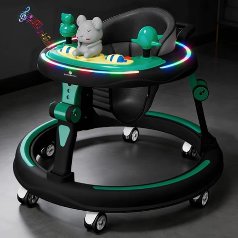 StarAndDaisy Baby Walkers for 6-24 Month Baby boy 360° Walker for Kids for 6-24 Months with RGB Light, 7 Level Height Adjustment, Baby Walker with Switchable Food & Musical Toy Tray -Green Black