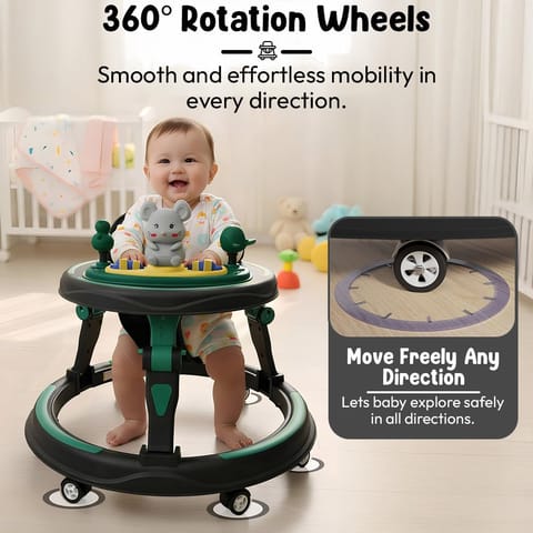 StarAndDaisy Baby Walkers for 6-24 Month Baby boy 360° Walker for Kids for 6-24 Months with RGB Light, 7 Level Height Adjustment, Baby Walker with Switchable Food & Musical Toy Tray -Green Black