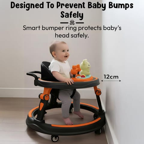 StarAndDaisy Baby Walkers for 6-24 Month Baby boy 360° Walker for Kids for 6-24 Months with RGB Light, 7 Level Height Adjustment, Baby Walker with Switchable Food & Musical Toy Tray -Orange Black