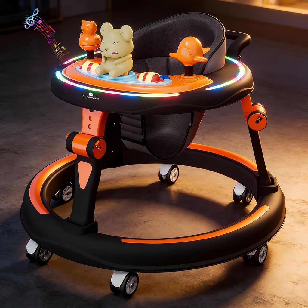 StarAndDaisy Baby Walkers for 6-24 Month Baby boy 360° Walker for Kids for 6-24 Months with RGB Light, 7 Level Height Adjustment, Baby Walker with Switchable Food & Musical Toy Tray -Orange Black