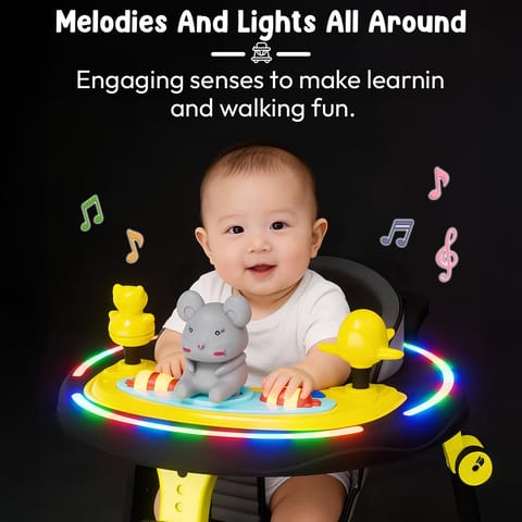 StarAndDaisy Baby Walkers for 6-24 Month Baby boy 360° Walker for Kids for 6-24 Months with RGB Light, 7 Level Height Adjustment, Baby Walker with Switchable Food & Musical Toy Tray -Orange Black