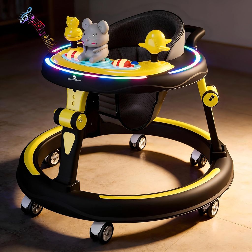 StarAndDaisy Baby Walkers for 6-24 Month Baby boy 360° Walker for Kids for 6-24 Months with RGB Light, 7 Level Height Adjustment, Baby Walker with Switchable Food & Musical Toy Tray -Yellow Black