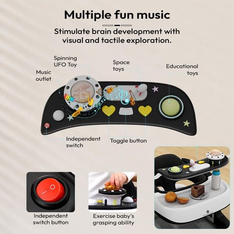 StarAndDaisy Baby Walker/Multifunction/Anti-o Shaped Leg/Anti-Fall/Music Box/Height Adjustment/Baby/Newborn/Girl/boy/ 6-15months *with SEAT Cushion (Premium Black)