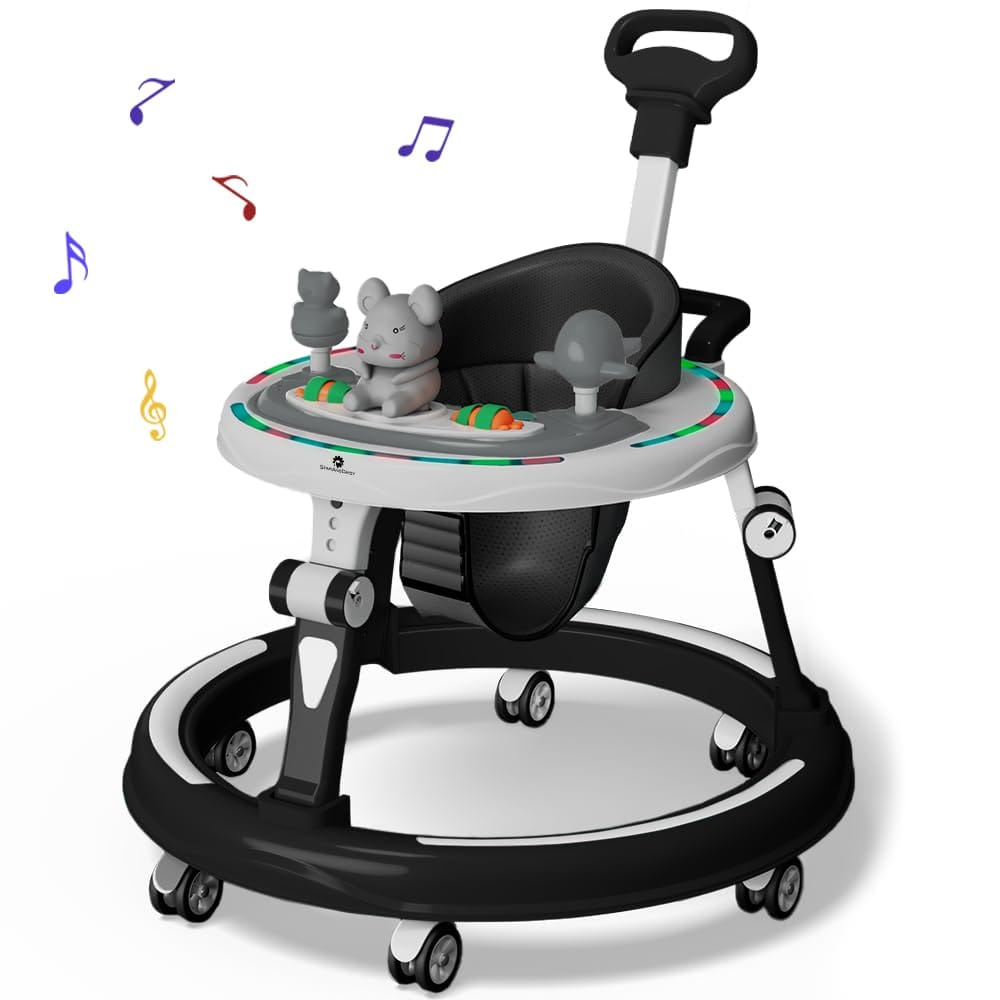 StarAndDaisy 360° Baby Walker 6-24 Months / 7 Level Height Adjustment Walker for Kids Boy and Girl with Intergrated RGB Lights, Switchable Food & Musical Toy Tray/Premium Baby Activity Walker with Parent Rod-Black