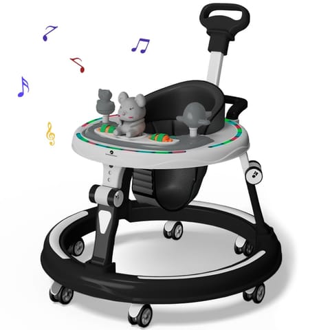 StarAndDaisy 360° Baby Walker 6-24 Months / 7 Level Height Adjustment Walker for Kids Boy and Girl with Intergrated RGB Lights, Switchable Food & Musical Toy Tray/Premium Baby Activity Walker with Parent Rod-Black