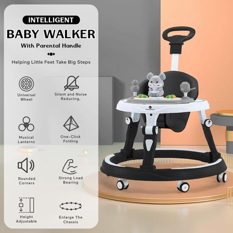 StarAndDaisy 360° Baby Walker 6-24 Months / 7 Level Height Adjustment Walker for Kids Boy and Girl with Intergrated RGB Lights, Switchable Food & Musical Toy Tray/Premium Baby Activity Walker with Parent Rod-Black