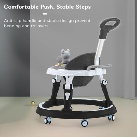 StarAndDaisy 360° Baby Walker 6-24 Months / 7 Level Height Adjustment Walker for Kids Boy and Girl with Intergrated RGB Lights, Switchable Food & Musical Toy Tray/Premium Baby Activity Walker with Parent Rod-Black