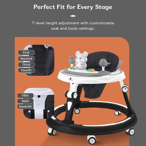 StarAndDaisy 360° Baby Walker 6-24 Months / 7 Level Height Adjustment Walker for Kids Boy and Girl with Intergrated RGB Lights, Switchable Food & Musical Toy Tray/Premium Baby Activity Walker with Parent Rod-Black