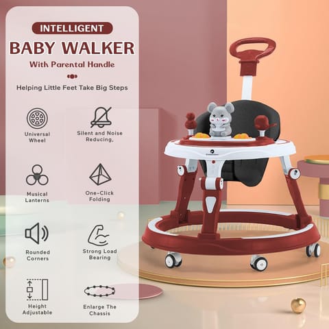 StarAndDaisy 360° Baby Walker 6-24 Months / 7 Level Height Adjustment Walker for Kids Boy and Girl with Intergrated RGB Lights, Switchable Food & Musical Toy Tray/Premium Baby Activity Walker with Parent Rod-Cherry Red