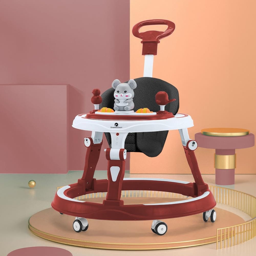 StarAndDaisy 360° Baby Walker 6-24 Months / 7 Level Height Adjustment Walker for Kids Boy and Girl with Intergrated RGB Lights, Switchable Food & Musical Toy Tray/Premium Baby Activity Walker with Parent Rod-Cherry Red