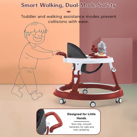 StarAndDaisy 360° Baby Walker 6-24 Months / 7 Level Height Adjustment Walker for Kids Boy and Girl with Intergrated RGB Lights, Switchable Food & Musical Toy Tray/Premium Baby Activity Walker with Parent Rod-Cherry Red
