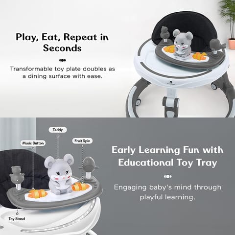 StarAndDaisy 360° Baby Walker 6-24 Months / 7 Level Height Adjustment Walker for Kids Boy and Girl with Intergrated RGB Lights, Switchable Food & Musical Toy Tray/Premium Baby Activity Walker with Parent Rod-Grey