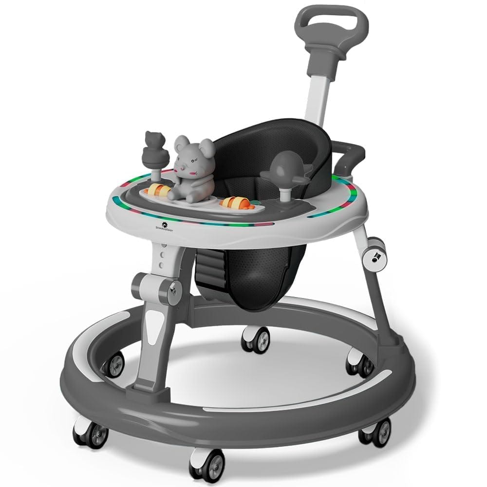 StarAndDaisy 360° Baby Walker 6-24 Months / 7 Level Height Adjustment Walker for Kids Boy and Girl with Intergrated RGB Lights, Switchable Food & Musical Toy Tray/Premium Baby Activity Walker with Parent Rod-Grey