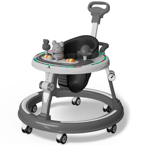 StarAndDaisy 360° Baby Walker 6-24 Months / 7 Level Height Adjustment Walker for Kids Boy and Girl with Intergrated RGB Lights, Switchable Food & Musical Toy Tray/Premium Baby Activity Walker with Parent Rod-Grey