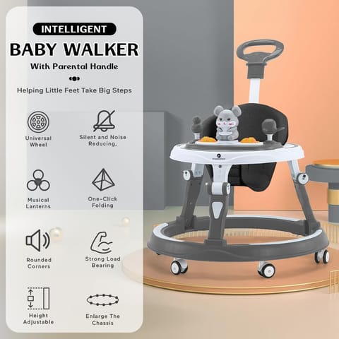 StarAndDaisy 360° Baby Walker 6-24 Months / 7 Level Height Adjustment Walker for Kids Boy and Girl with Intergrated RGB Lights, Switchable Food & Musical Toy Tray/Premium Baby Activity Walker with Parent Rod-Grey