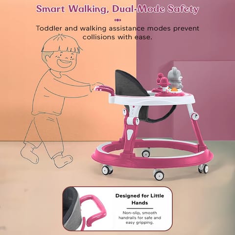 StarAndDaisy 360° Baby Walker 6-24 Months / 7 Level Height Adjustment Walker for Kids Boy and Girl with Intergrated RGB Lights, Switchable Food & Musical Toy Tray/Premium Baby Activity Walker with Parent Rod-Pink