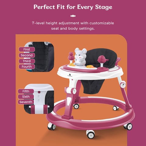 StarAndDaisy 360° Baby Walker 6-24 Months / 7 Level Height Adjustment Walker for Kids Boy and Girl with Intergrated RGB Lights, Switchable Food & Musical Toy Tray/Premium Baby Activity Walker with Parent Rod-Pink