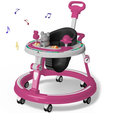 StarAndDaisy 360° Baby Walker 6-24 Months / 7 Level Height Adjustment Walker for Kids Boy and Girl with Intergrated RGB Lights, Switchable Food & Musical Toy Tray/Premium Baby Activity Walker with Parent Rod-Pink