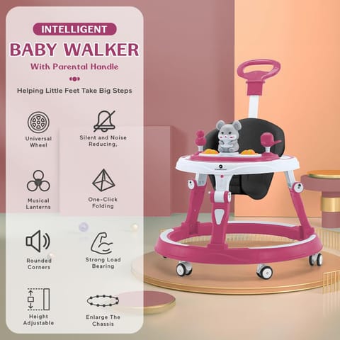 StarAndDaisy 360° Baby Walker 6-24 Months / 7 Level Height Adjustment Walker for Kids Boy and Girl with Intergrated RGB Lights, Switchable Food & Musical Toy Tray/Premium Baby Activity Walker with Parent Rod-Pink