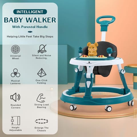 StarAndDaisy 360° Baby Walker 6-24 Months / 7 Level Height Adjustment Walker for Kids Boy and Girl with Intergrated RGB Lights, Switchable Food & Musical Toy Tray/Premium Baby Activity Walker with Parent Rod-Blue