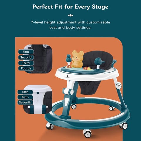 StarAndDaisy 360° Baby Walker 6-24 Months / 7 Level Height Adjustment Walker for Kids Boy and Girl with Intergrated RGB Lights, Switchable Food & Musical Toy Tray/Premium Baby Activity Walker with Parent Rod-Blue