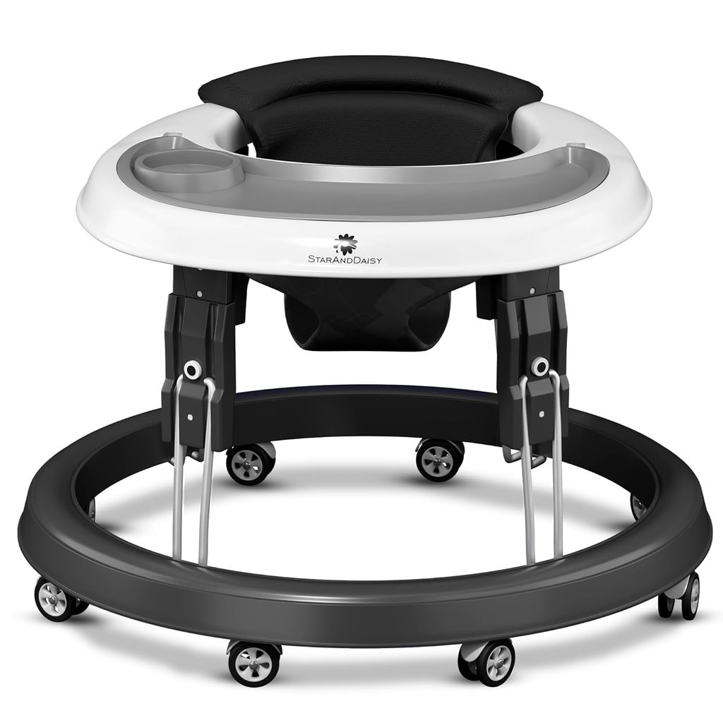 StarAndDaisy Walker for Kids 6 to 24 Months, Baby Walker for Boys & Girl with 360° Rotational Wheels & Padded Seat, Foldable Walker for Kids for 1 Year with Adjustable (First-wo-Tray-Black)