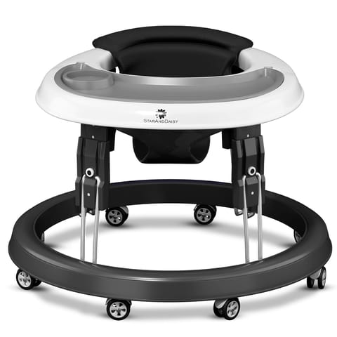 StarAndDaisy Walker for Kids 6 to 24 Months, Baby Walker for Boys & Girl with 360° Rotational Wheels & Padded Seat, Foldable Walker for Kids for 1 Year with Adjustable (First-wo-Tray-Black)