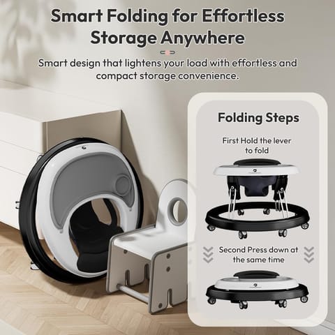 StarAndDaisy Walker for Kids 6 to 24 Months, Baby Walker for Boys & Girl with 360° Rotational Wheels & Padded Seat, Foldable Walker for Kids for 1 Year with Adjustable (First-wo-Tray-Black)