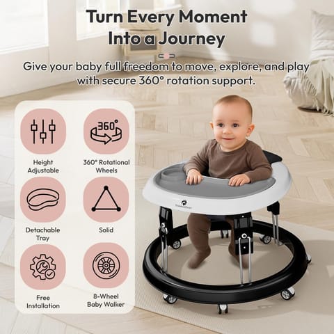 StarAndDaisy Walker for Kids 6 to 24 Months, Baby Walker for Boys & Girl with 360° Rotational Wheels & Padded Seat, Foldable Walker for Kids for 1 Year with Adjustable (First-wo-Tray-Black)