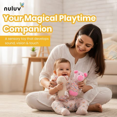 Nuluv Sensory Cuddlies for Babies, Soft Plush Toys with Rattle, Squeaker and Crinkle Sounds, Lightweight Non-Toxic, BPA-Free, Travel-Friendly, Baby Development Toys for 3+ Months