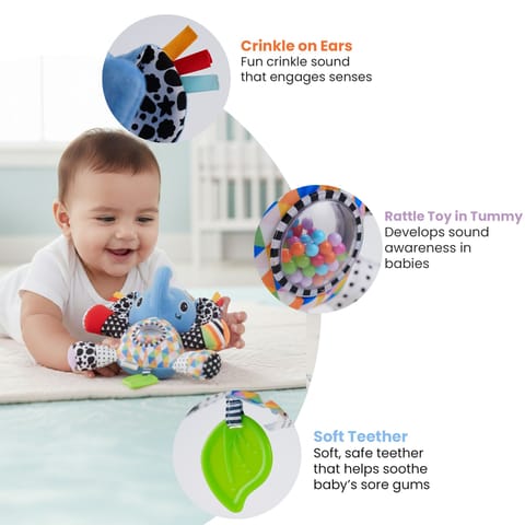Nuluv Activity Elephant Soft Stroller Toy for Babies, Crinkle Sound, Rattle and Teether, Sensory Development Toy, Baby-Safe Activity Toy for Touch, Hearing and Teething, for Babies 3+ Months