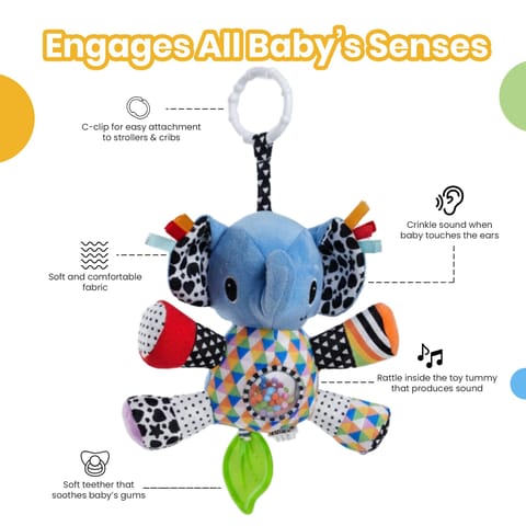 Nuluv Activity Elephant Soft Stroller Toy for Babies, Crinkle Sound, Rattle and Teether, Sensory Development Toy, Baby-Safe Activity Toy for Touch, Hearing and Teething, for Babies 3+ Months