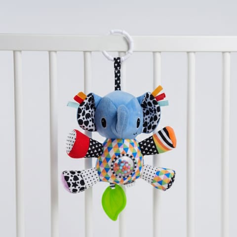 Nuluv Activity Elephant Soft Stroller Toy for Babies, Crinkle Sound, Rattle and Teether, Sensory Development Toy, Baby-Safe Activity Toy for Touch, Hearing and Teething, for Babies 3+ Months