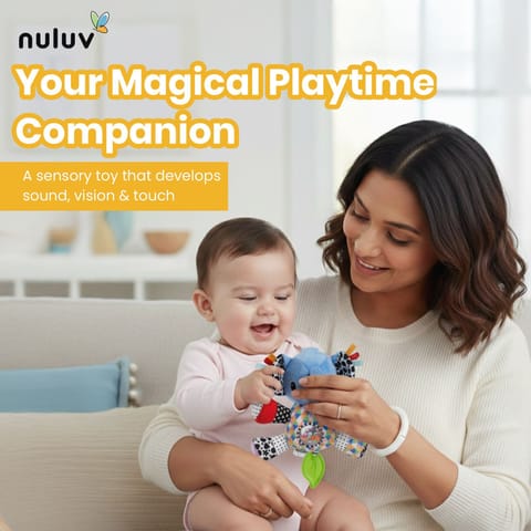 Nuluv Activity Elephant Soft Stroller Toy for Babies, Crinkle Sound, Rattle and Teether, Sensory Development Toy, Baby-Safe Activity Toy for Touch, Hearing and Teething, for Babies 3+ Months