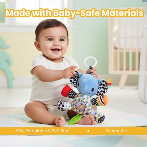 Nuluv Activity Elephant Soft Stroller Toy for Babies, Crinkle Sound, Rattle and Teether, Sensory Development Toy, Baby-Safe Activity Toy for Touch, Hearing and Teething, for Babies 3+ Months