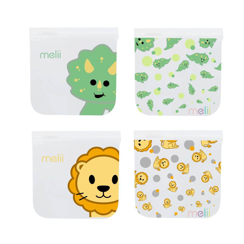 Melii Reusable Eva Animal Snack Bags, Pack of 4, 2 Dinosaur and 2 Lion