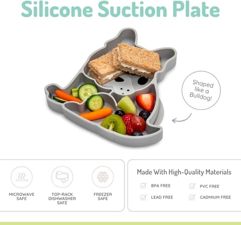 melii Divided Silicone Suction Plate - 100% Silicone, for Baby, Toddlers – BPA Free, Dishwasher & Microwave Safe (Bulldog)