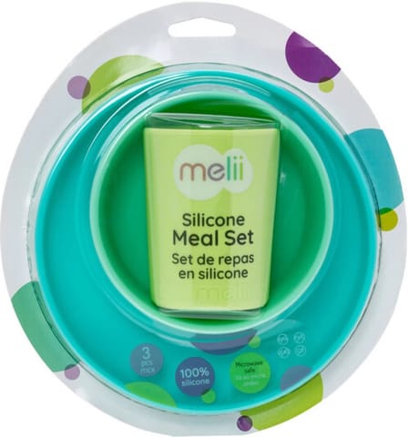 Melii 3 Piece Silicone Meal Set Plate, Bowl and Cup Set for Toddlers, Kids and Children (Lime, Mint, Blue)