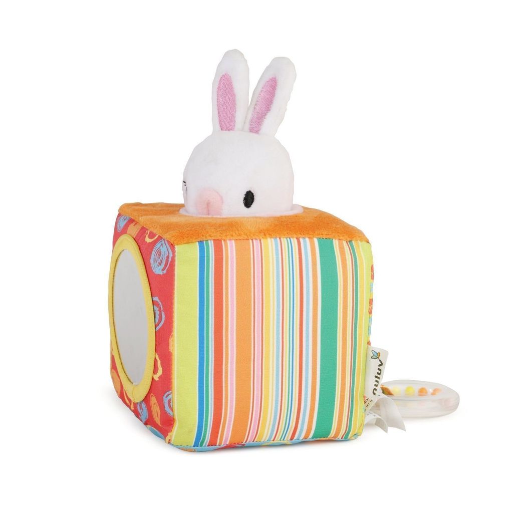 Nuluv Infant Plush Bunny Cube Early Learning Activity Play Toy with Squeaky Crinkle Rattle for Baby 3 Months+,Multicolor