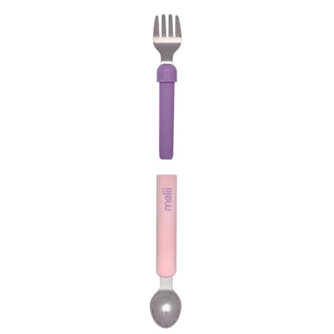 Melii Spork On The Go - Travel Utensils for Babies and Toddlers - Detachable Fork and Spoon with Carrying Case - Pink & Purple