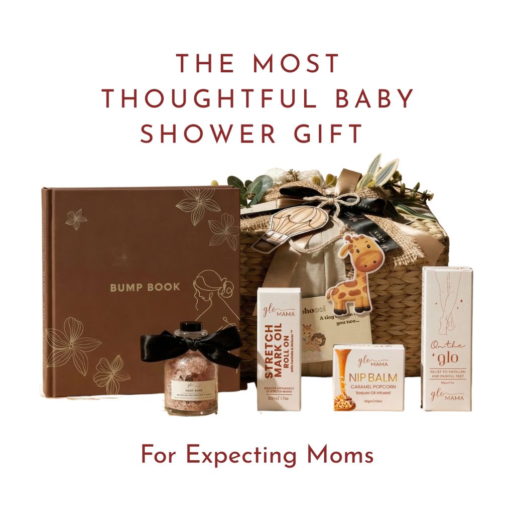 GLO Mama Ultimate Baby Shower Gift Hamper | 7+ Pregnancy Care Essentials for Moms-to-Be | Stretch Mark Oil Roll On, Nip Balm, Foot Cream, Bump Book - Pregnancy Journal, Sleep Sachet, Mama On Board Sticker & More | Premium Maternity Gift Set