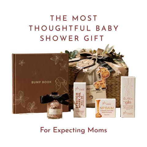 GLO Mama Ultimate Baby Shower Gift Hamper | 7+ Pregnancy Care Essentials for Moms-to-Be | Stretch Mark Oil Roll On, Nip Balm, Foot Cream, Bump Book - Pregnancy Journal, Sleep Sachet, Mama On Board Sticker & More | Premium Maternity Gift Set