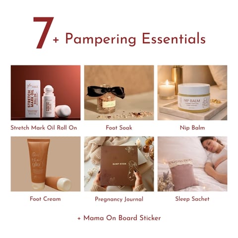 GLO Mama Ultimate Baby Shower Gift Hamper | 7+ Pregnancy Care Essentials for Moms-to-Be | Stretch Mark Oil Roll On, Nip Balm, Foot Cream, Bump Book - Pregnancy Journal, Sleep Sachet, Mama On Board Sticker & More | Premium Maternity Gift Set