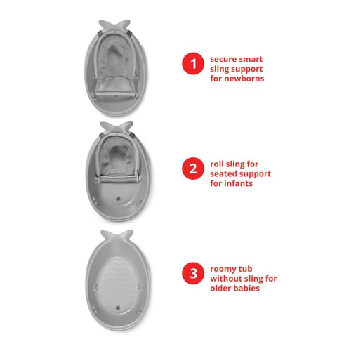 Skip Hop Bath Tub - Moby Smart Sling 3-Stage Tub, PVC-Free, Phthalate-Free, Non Slip Bath Tub for New Born with Drain Plug (Birth to 11Kg, Grey Color), 1 Count (Pack of 1) (235060)