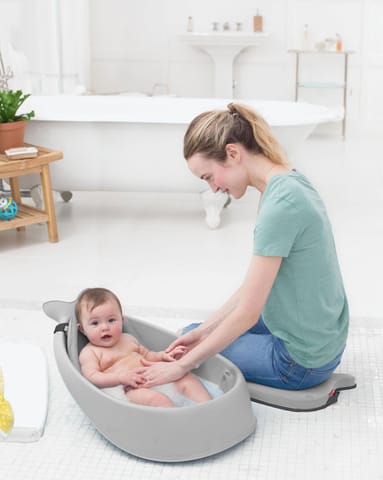 Skip Hop Bath Tub - Moby Smart Sling 3-Stage Tub, PVC-Free, Phthalate-Free, Non Slip Bath Tub for New Born with Drain Plug (Birth to 11Kg, Grey Color), 1 Count (Pack of 1) (235060)