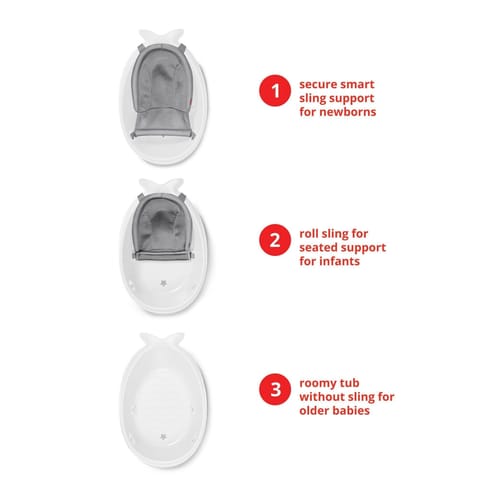 Skip Hop Bath Tub - Moby Smart Sling 3-Stage Tub, PVC-Free, Phthalate-Free, Non Slip Bath Tub for New Born with Drain Plug (Birth to 11Kg, White Color)