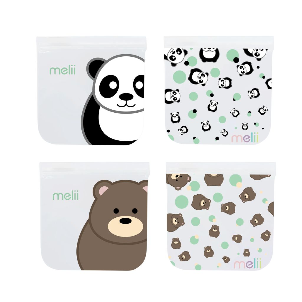 Melii EVA Reusable Snack Bags 4 Piece set, (2 Panda and 2 Bear)